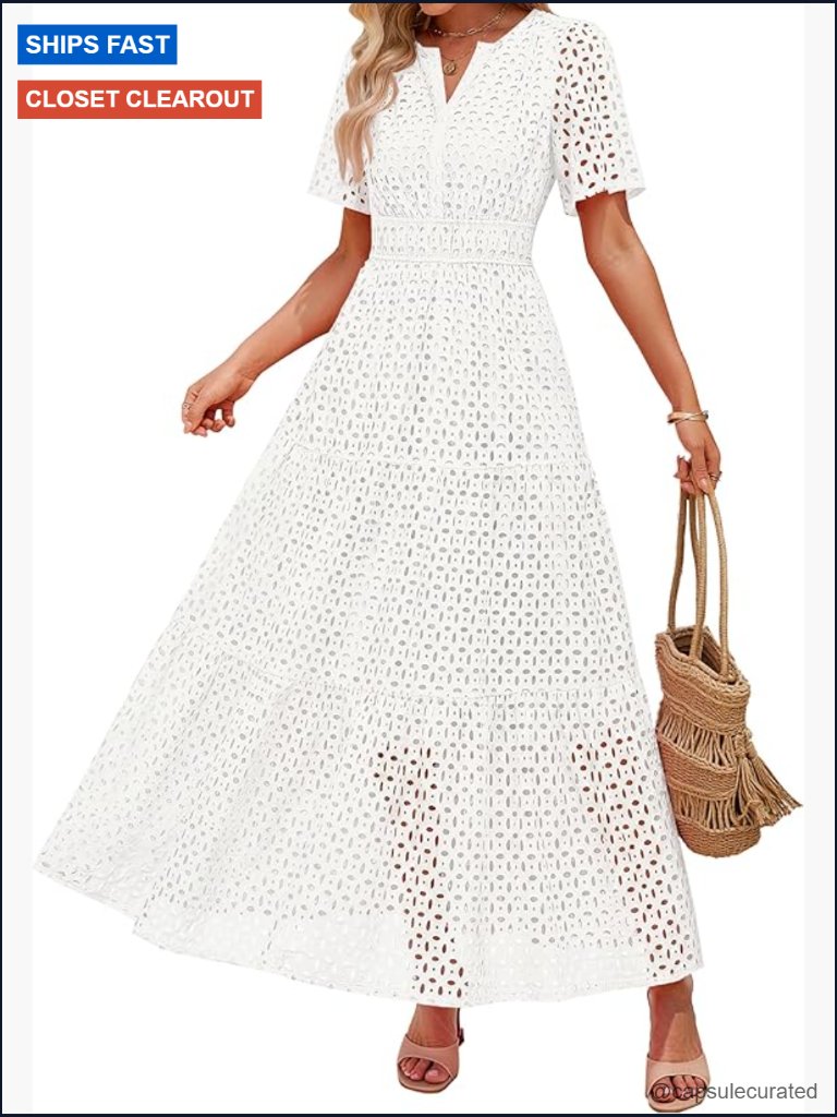 Casual V-Neck Short Sleeve Eyelet A-Line Beach Vacation Long Maxi Dress